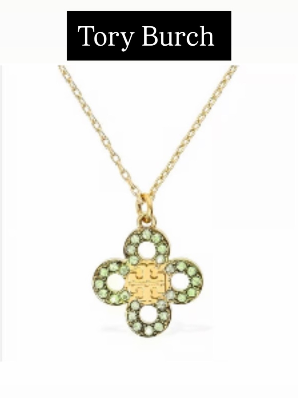Tory Burch Kira clover Green pavé logo pendant necklace NWT - Picture 1 of 6